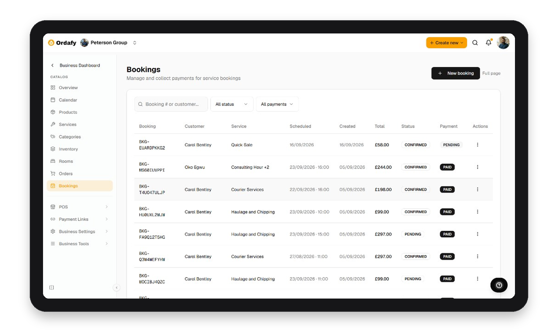 Ordafy Business bookings on iPad