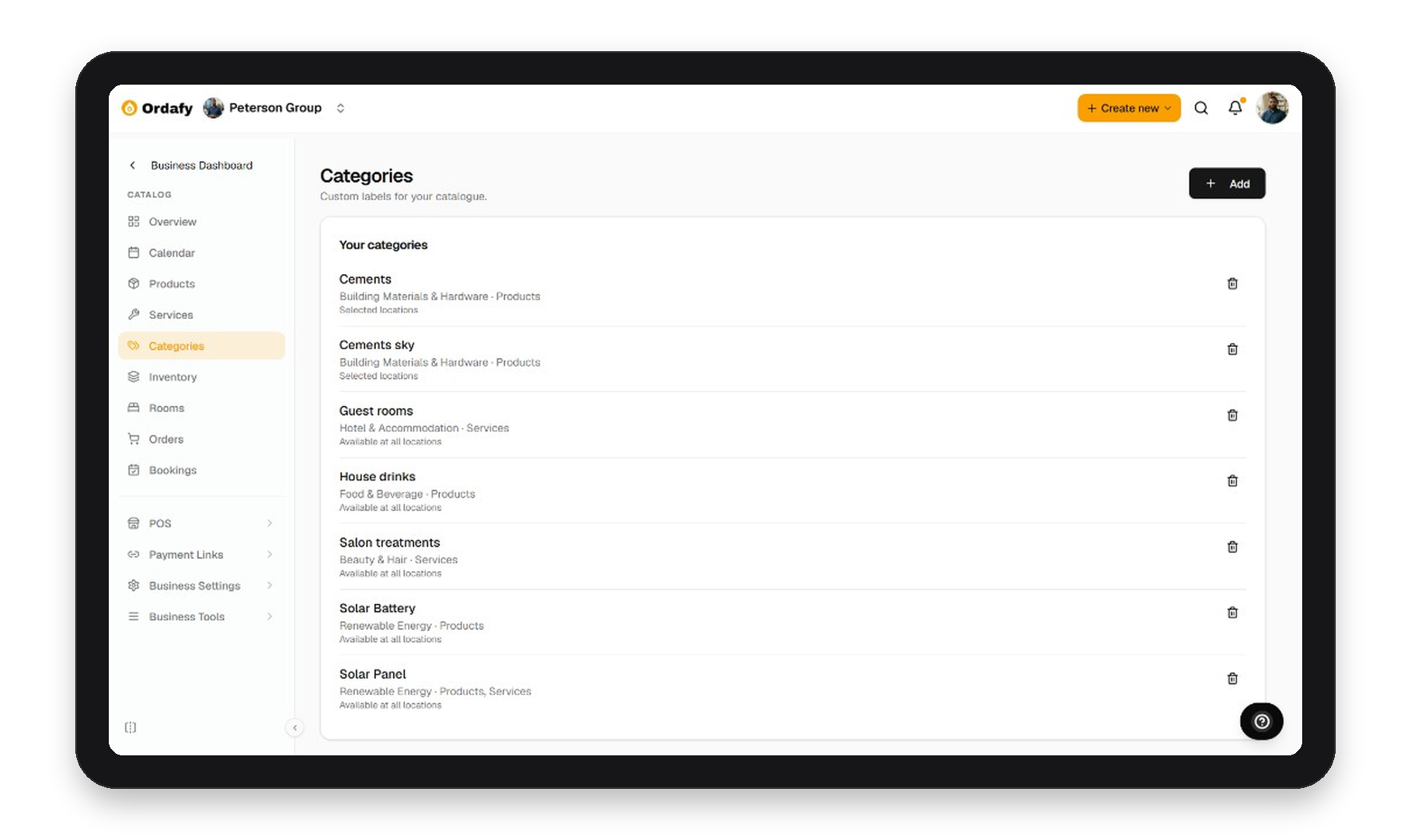 Ordafy Business categories on iPad