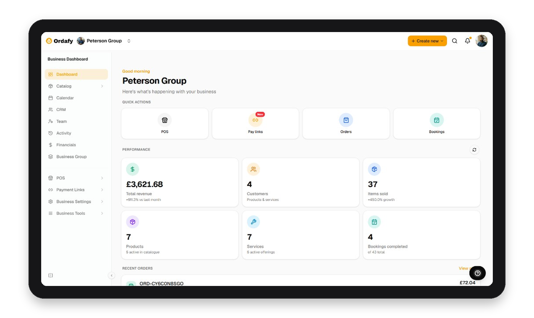 Ordafy Business dashboard on iPad