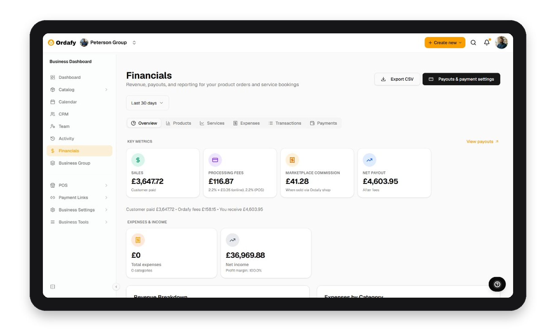 Ordafy financials overview on iPad