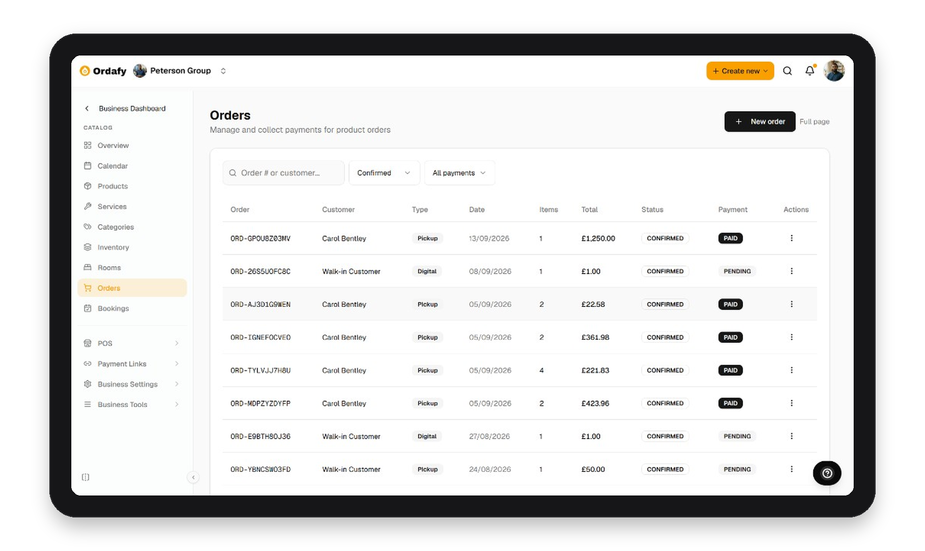 Ordafy Business orders on iPad
