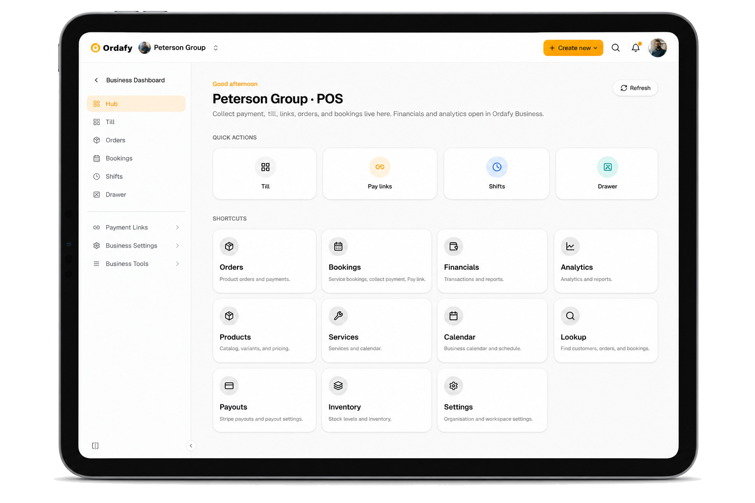 Ordafy POS hub on iPad with till, pay links, and shortcuts