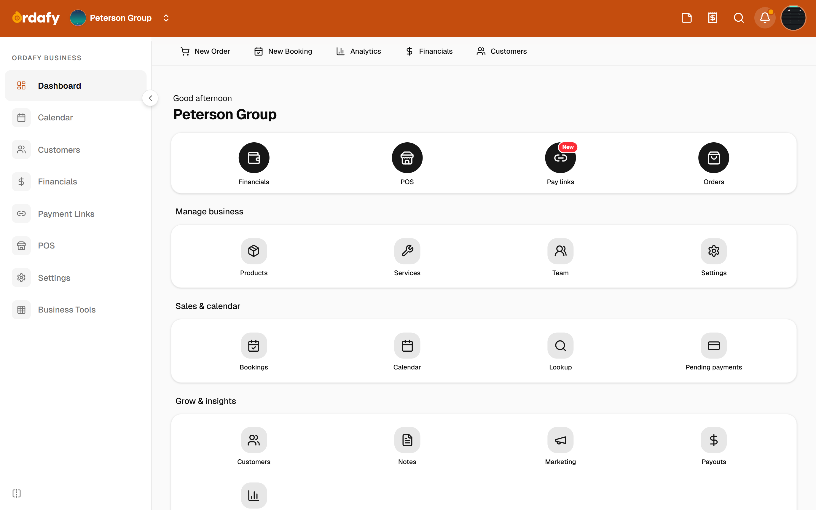 Ordafy business dashboard - services and products