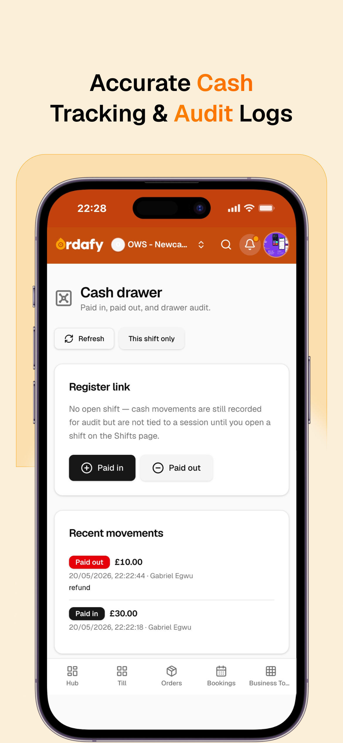 Ordafy POS — cash drawer and audit logs