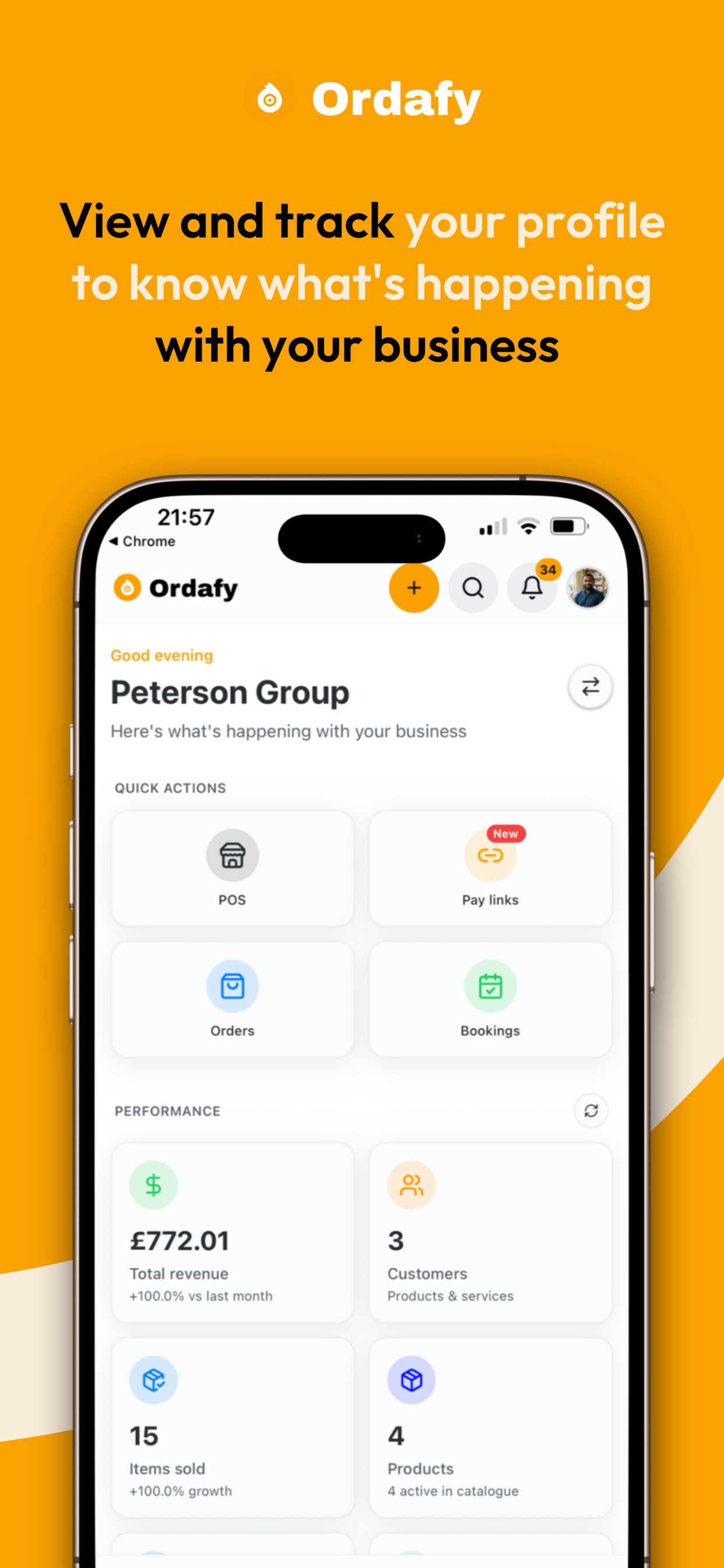 Ordafy Business dashboard on mobile