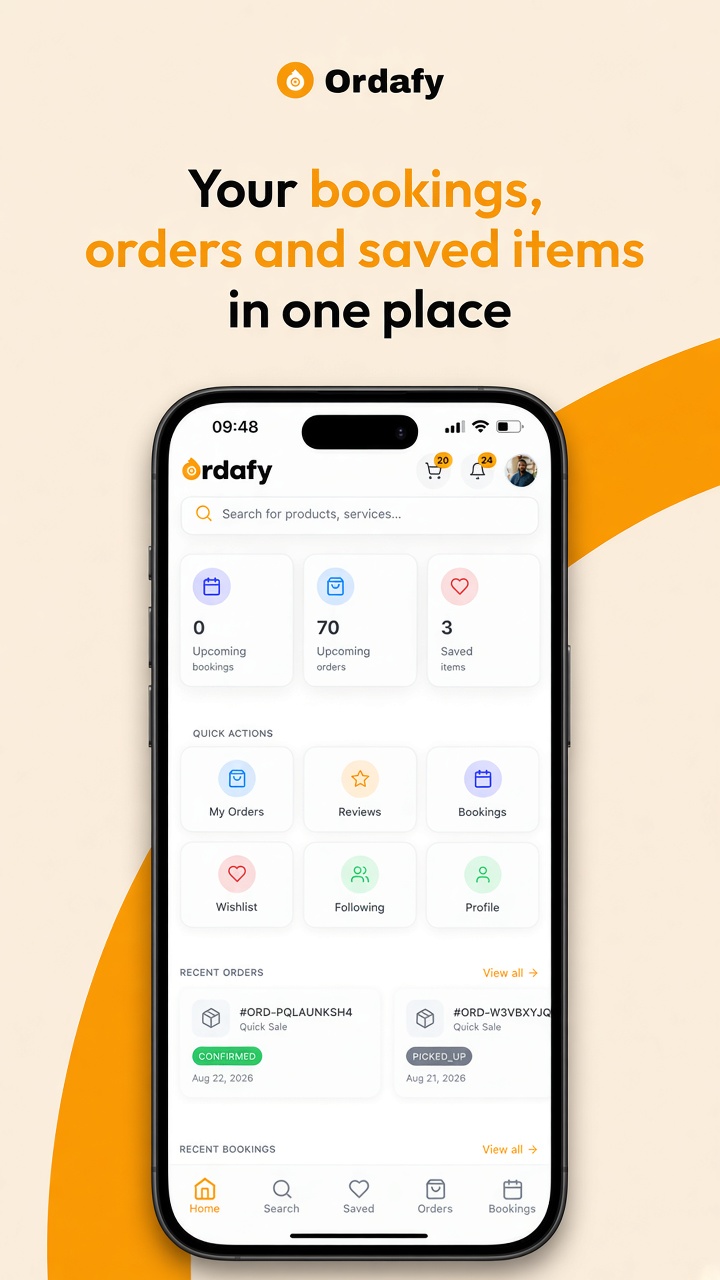 Ordafy home — bookings, orders, and saved items