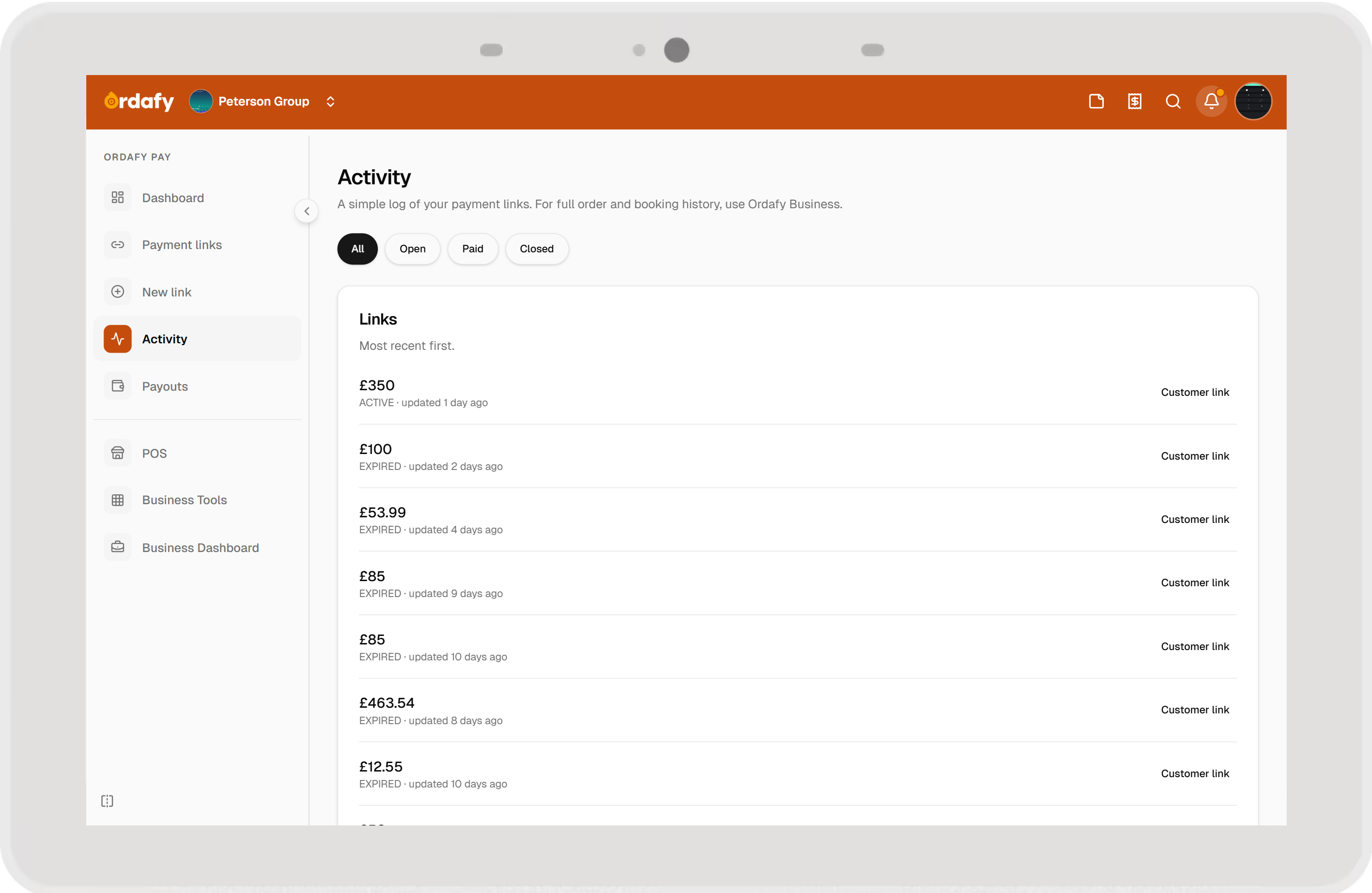 Ordafy Pay activity log with link statuses