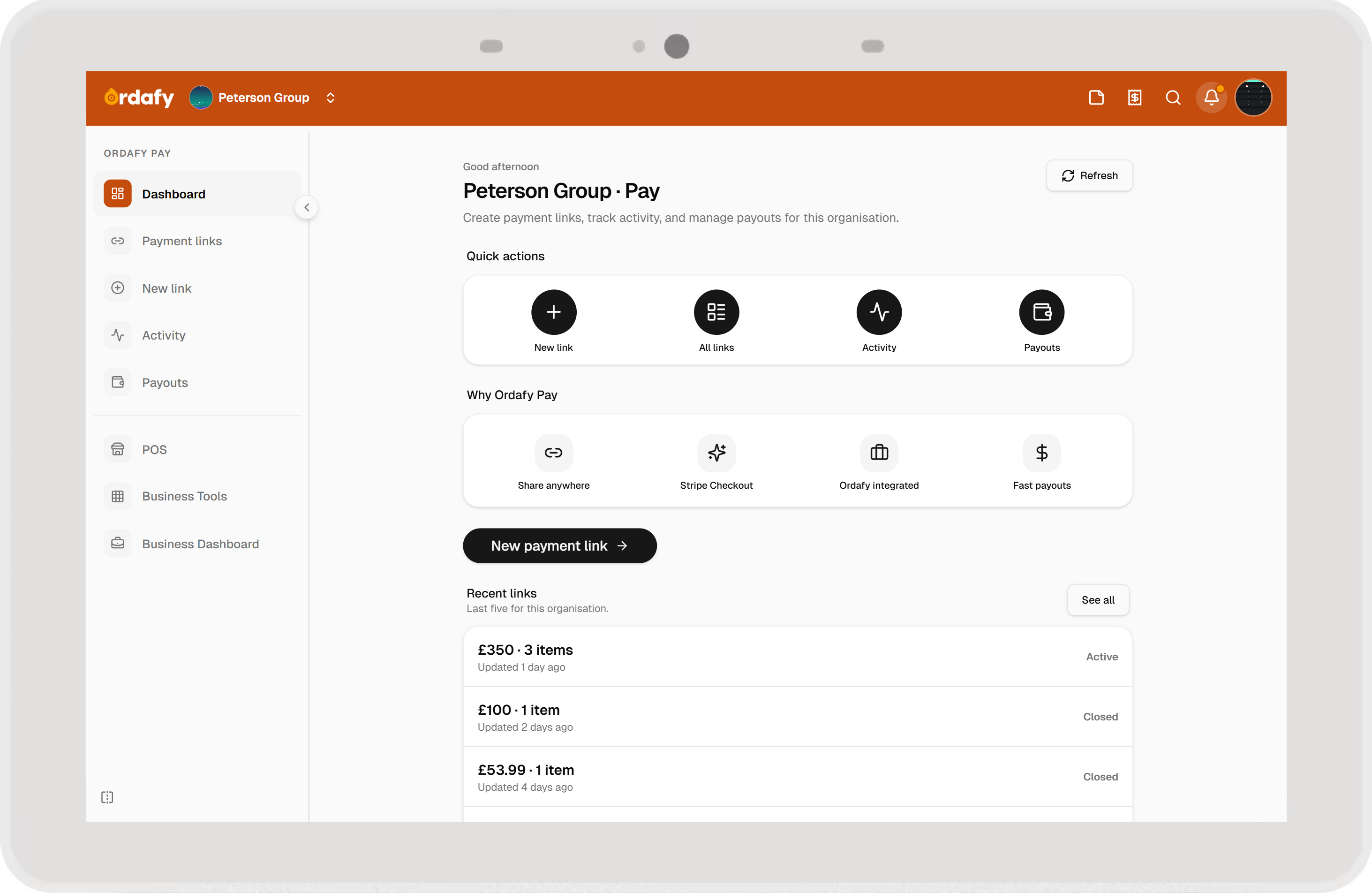Ordafy Pay dashboard home with quick actions and recent links
