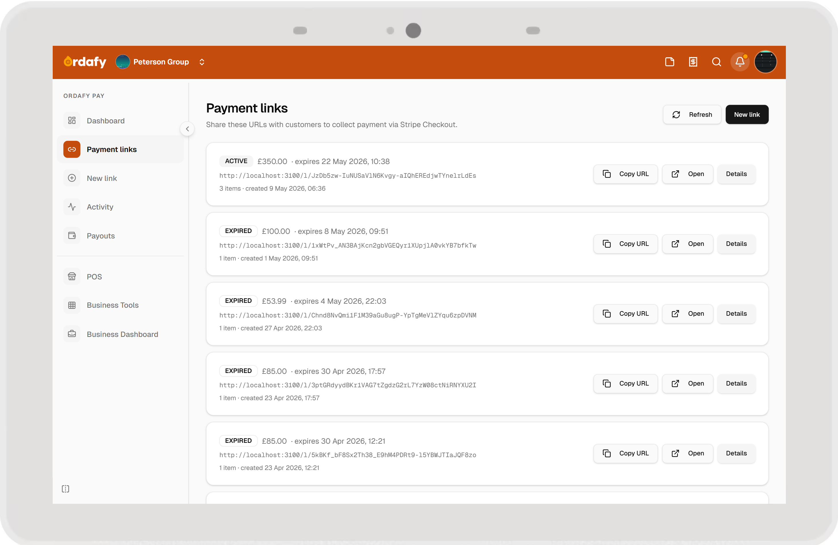 Ordafy Pay payment links list with active links and actions