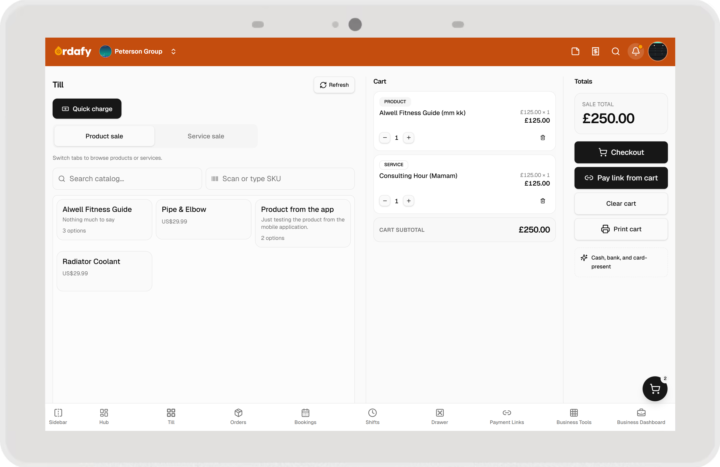 Ordafy POS checkout with product grid and cart