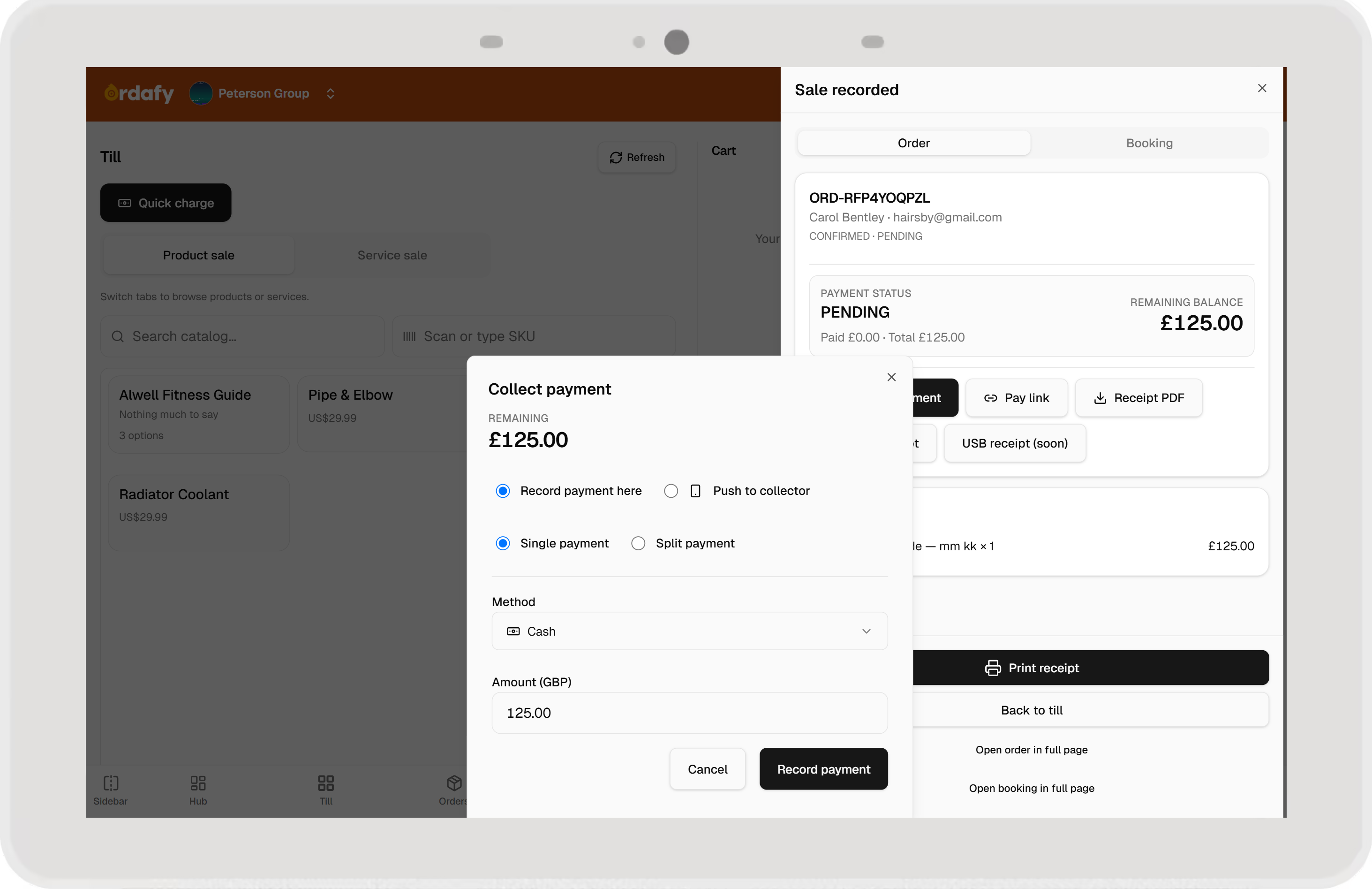 Ordafy POS collect payment screen for a pending order